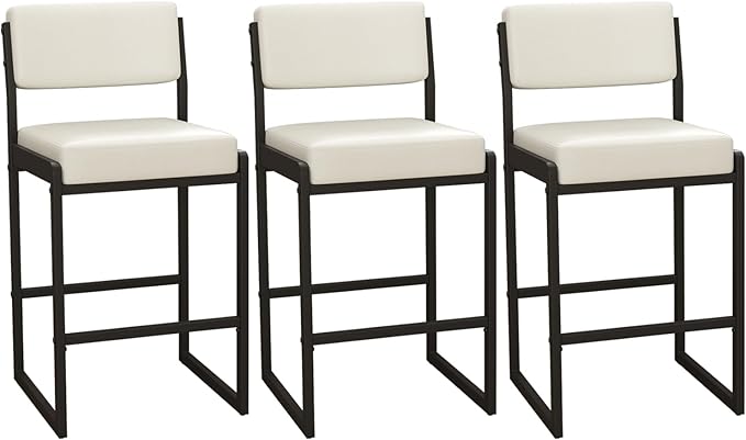 Mid Century Modern Counter Height Bar Stools Set of 3, 26" Bar Height Chairs with Backs, Upholstered Counter Stools, Metal Barstools for Kitchen Island (White- Faux Leather, 26"H - Set of 3)