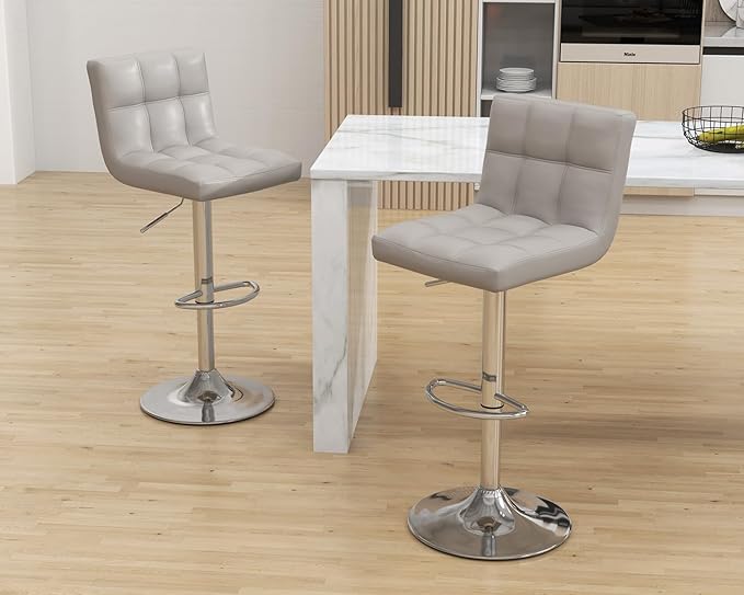 Modern PU Leather Bar Stools Set of 2, Adjustable Swivel Square Bar Chairs, Armless Counter Height Barstools with Back and Large Base for Island/Kitchen(Gray)