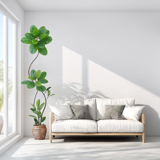 Artificial Rubber Tree Plant, 78 Inch Indoor Tree, Green with Round Planter, All Season Home Decor (Green,6.5ft)