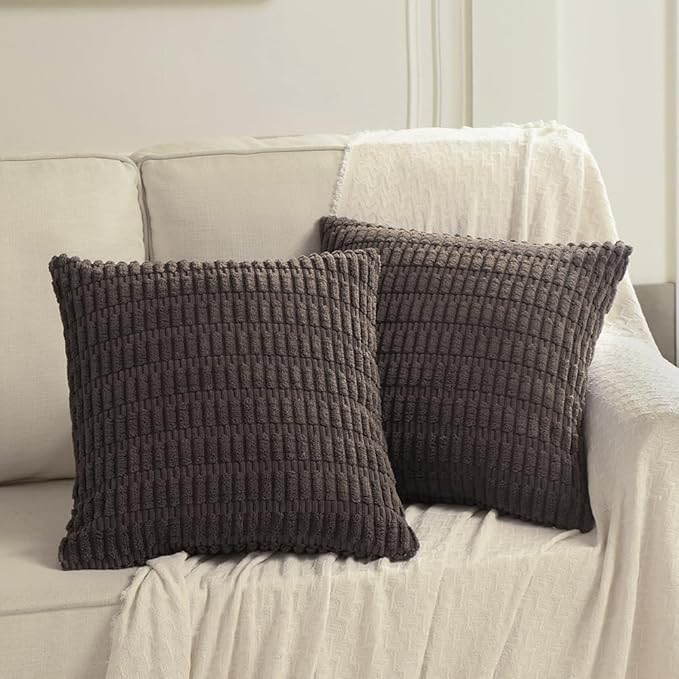 Fancy Homi 2 Packs Dark Brown Decorative Throw Pillow Covers 14x14 Inch for Living Room Couch Bed Sofa, Rustic Farmhouse Boho Home Decor, Soft Striped Corduroy Square Cushion Case 35x35 cm