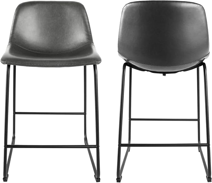 Rfiver Pu Faux Leather Bar Stools Set of 2, Industrial Pub Barstools with Back and Footrest, Modern Armless Bar Height Stool Chairs (Grey, 24" Counter Chair x2)