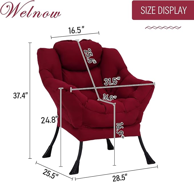 Welnow Lazy Chair for Living Room, Modern Reading Lounge Accent Chair with Armrests and a Side Pocket, Leisure Upholstered Lazy Sofa for Small Space, Bedroom, Dorm, Burgundy