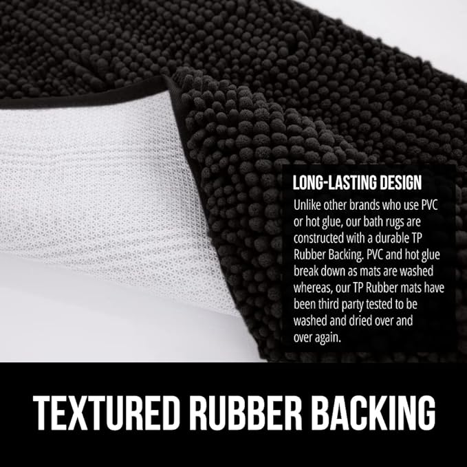 GORILLA GRIP Bath Rug Mat 48x24, Thick Soft Absorbent Chenille, Quick Dry Microfiber Mats, Rubber Backing Washable Shower Floor Rugs, Bathmat Runner, US Designed Bathroom Home Decor Accessories Black