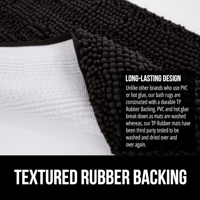 GORILLA GRIP Bath Rug Mat, Thick Soft Absorbent Chenille, Quick Dry Microfiber Mats, Rubber Backing Washable Shower Floor Rugs, Bathmat Runner, US Designed Bathroom Home Decor Accessories 24x17, Black