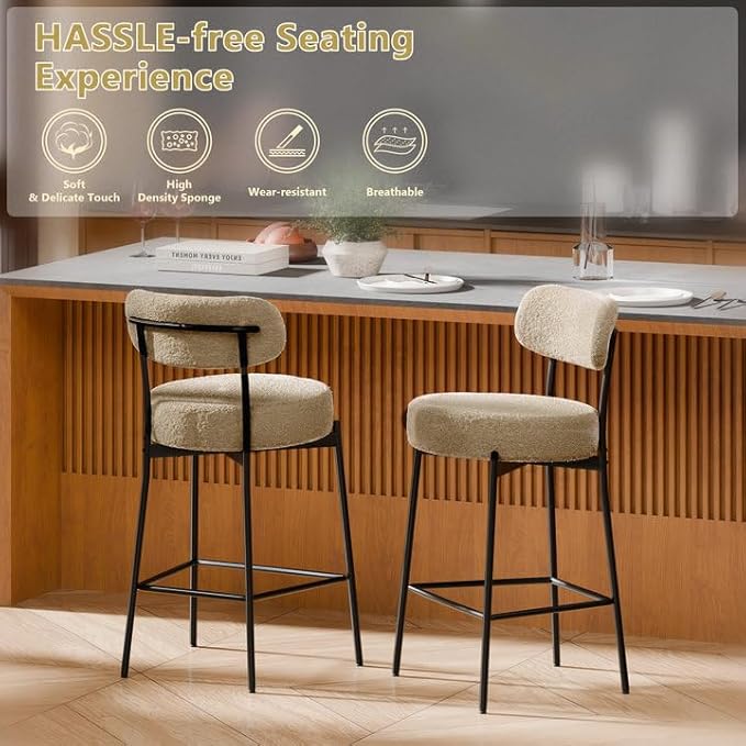 DYHOME Bar Stools Set of 2, Modern 28 Inches Counter Height Kitchen Bar Stools, Tall Upholstered Barstools with Back & Footrest Metal Legs, Stools for Kitchen Island, Counter, Cafes, Dining Room