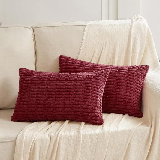 Fancy Homi 2 Packs Wine Red Christmas Lumbar Decorative Throw Pillow Covers 12x24 Inch for Living Room Couch Bedroom, Farmhouse Boho Home Decor, Soft Corduroy Burgundy Rectangle Cushion Case 30x60 cm