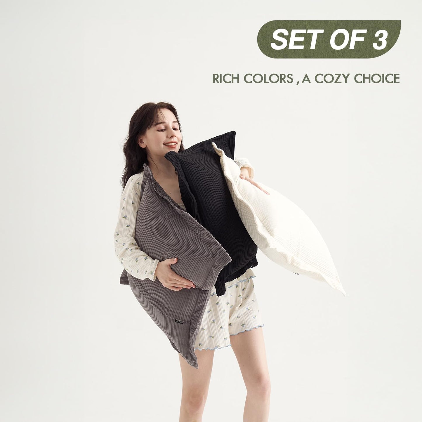 Pack of 3 Decorative Neutral Throw Pillow Covers 22x22inch, Soft Striped Corduroy Boho Vintage Square Pillow Covers for Sofa Couch Girls' Bedroom Dorm Chic Lounge(Classic Black, White & Grey)