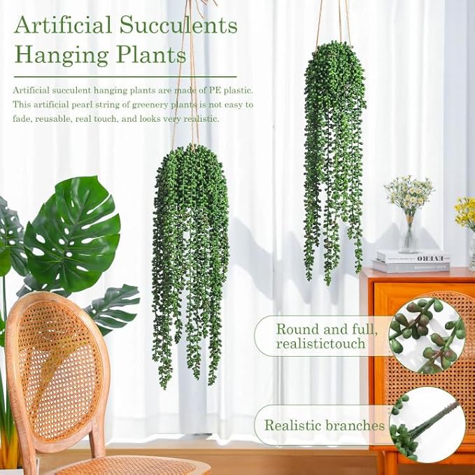 10 Pcs Artificial Succulents Hanging Plants, Fake String of Pearls Greenery Plants, Decoration for Wall Home Backdrop Garden Windows Balcony Indoor and Outdoor (10PCS Green)