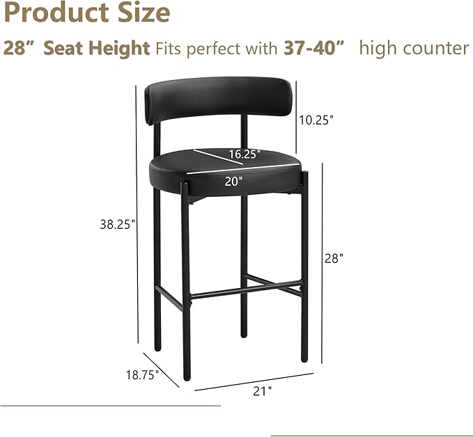 28'' Faux Leather Bar Stools Set of 3, Bar Height Stools for Kitchen Island, Black Barstools with Backs, Upholstered Counter Chairs (Vegan Leather, Black)