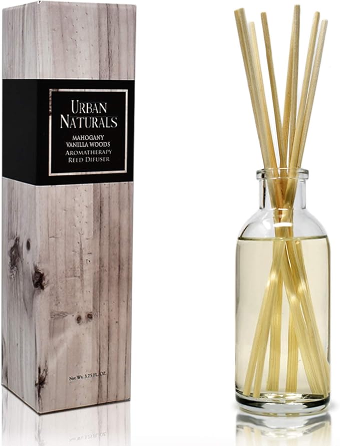 Urban Naturals Mahogany Vanilla Woods Reed Diffuser Set – Made with Essential Oils & Real Botanicals – Decorative Air Freshener and Beautiful Home Décor – Made in The USA