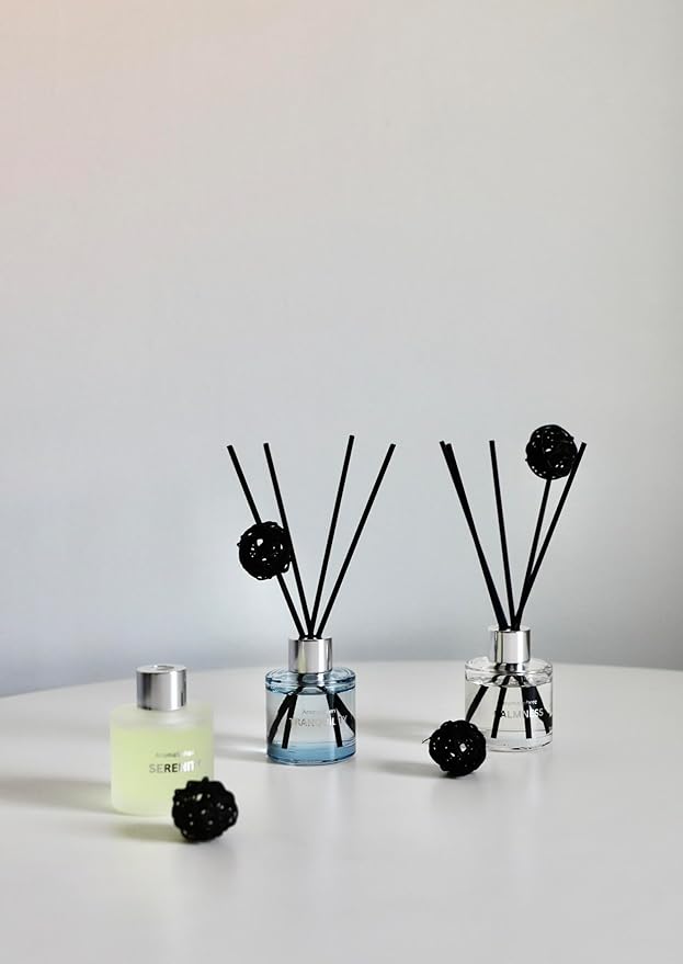 Reed Diffuser Set of 3, Eucalyptus Jasmine Lemongrass Aromatherapy Fragrance Oil | 12 Black Reed Sticks and 6 Rattan Balls, 3 x 50ML | Home, Office, Bathroom, Bedroom Essentials | AromaSphere