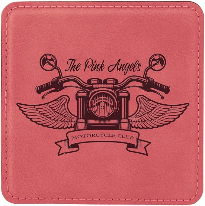 Custom Engraved Coasters | Personalized Leather Coaster | Set of 6 | Drink Coasters with Holder | Laser Engraved | Tabletop Protection | Gift for Couples (Square 4" x 4", Pink w/Black)