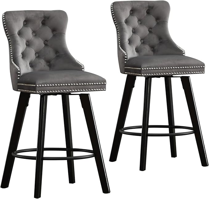 YISHENG Modern Swivel 27" H Seat Set of 2 Velvet Barstools with Backrest and Footrest,Button Tufted Rivet Trim Dining Room Chairs with Metal Pull Ring for Kitchen Island，Bistro, Home Bar，Gray