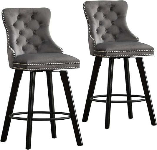 YISHENG Modern Swivel 27" H Seat Set of 2 Velvet Barstools with Backrest and Footrest,Button Tufted Rivet Trim Dining Room Chairs with Metal Pull Ring for Kitchen Island，Bistro, Home Bar，Gray