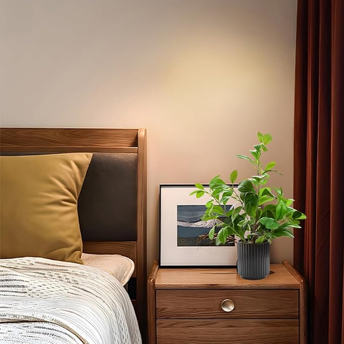 16 inch Artificial Plants Indoor Realistic Touching Evergreen Leaf Fake Plant with Creamic Black Pot for Home Office Living Room Bathroom Office Table Bookshelf Decor