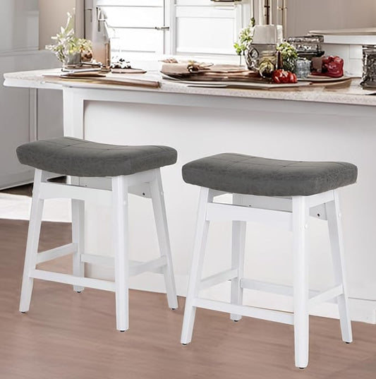 PHI VILLA Counter Height Bar Stools Set of 2 - Farmhouse Barstools with Upholstered Saddle Seat, Kitchen Counter Island Stools