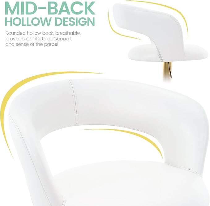 Brage Living Wide Bar Stool, Modern PU Leather Swivel Adjustable Barstool with Hollow Back and Arms, Upholstered Airlift Counter Height Bar Chair for Kitchen Dining (Pearl White, Gold Base)