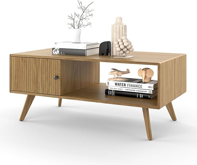 Mid Century Modern Coffee Table with Storage, Light Oak Wood Center Table with Cabinet & Open Shelf, Retro Cocktail Table for Living Room and Small Spaces
