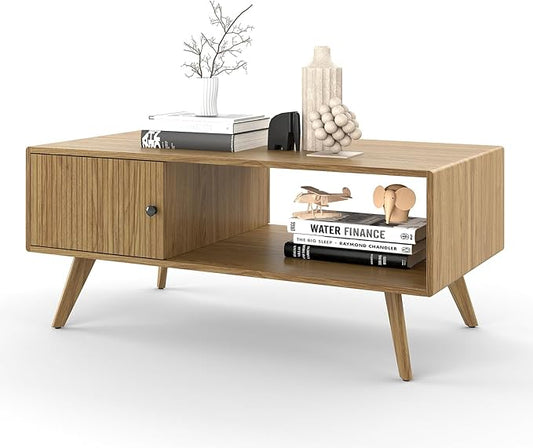 Mid Century Modern Coffee Table with Storage, Light Oak Wood Center Table with Cabinet & Open Shelf, Retro Cocktail Table for Living Room and Small Spaces