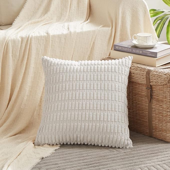 Fancy Homi 2 Packs Pure White Decorative Throw Pillow Covers 18x18 Inch for Living Room Couch Bed Sofa, Rustic Farmhouse Boho Home Decor, Soft Striped Corduroy Square Cushion Case 45x45 cm