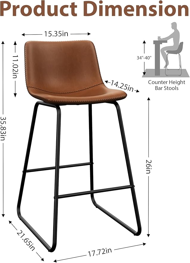 Bar Stools Set of 6, 26 Inches Counter Height Bar Stools with Back, Modern Faux Leather Barstools with Metal Legs and Footrest, Bar Chairs for Kitchens Island (Dark Brown)