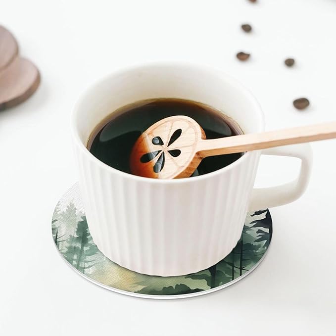 Forest Pine Trees Coasters Set of 6 Coasters for Drinks Absorbent Double-Sided Leather PVC Coaster for Tabletop Protection Coffee Table Decor Ideal for Home Decor House Warming Gifts