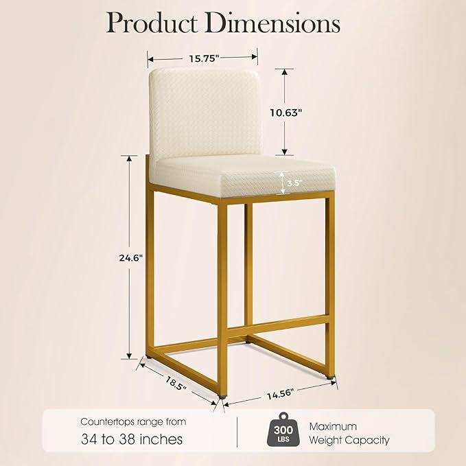 Sophia & William White & Gold Bar Stools, Counter Height Bar Stools Set of 2 with Backs, Modern PU Leather Bar Chairs, 24 Inch