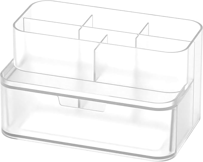 BLUE GINKGO Compact Desk Organizer – Small 5-Compartment, Half Drawer Storage – Pen Holder, Stationery Organizer for Desktop, Vanity, Shelf (Made in Korea, Transperent)