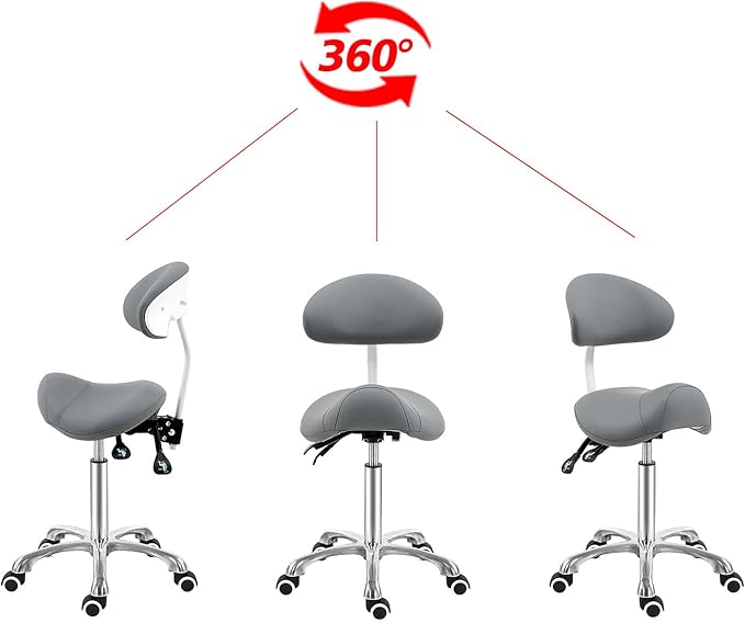 Antlu Saddle Stool Chair with Back Support - Ergonomic Esthetician Seat Saddle Stool for Salon Tattoo Spa Medical Dentist Clinic (with Backrest, Grey)
