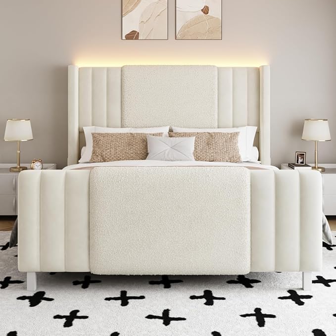 Queen Size Bed Frame with Tall Headboard and Footboard, Boucle and Velvet Upholstered Bed Frame Queen with LED Lights, Modern Platform Bed Frames, Noiseless, Easy Assembly, White