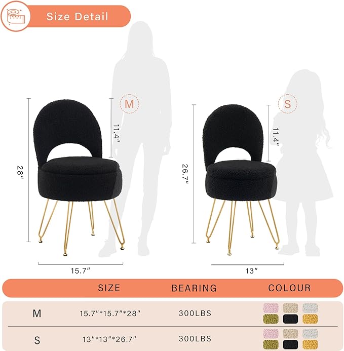 Storage Ottoman Vanity Stool Chair with Folding Back Teddy Velvet Makeup Chair Multifunctional Upholstered Footstool for Bathroom Vanity Bedroom Living Room Entryway