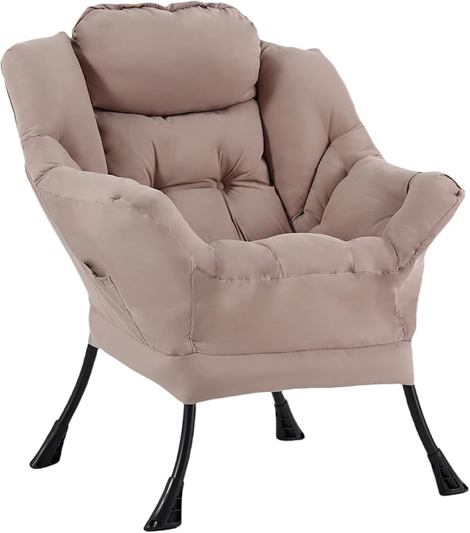 Welnow Lazy Chair for Living Room, Modern Reading Lounge Accent Chair with Armrests and a Side Pocket, Leisure Upholstered Lazy Sofa for Small Space, Bedroom, Dorm, Khaki