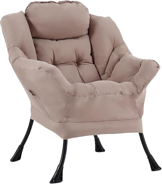 Welnow Lazy Chair for Living Room, Modern Reading Lounge Accent Chair with Armrests and a Side Pocket, Leisure Upholstered Lazy Sofa for Small Space, Bedroom, Dorm, Khaki