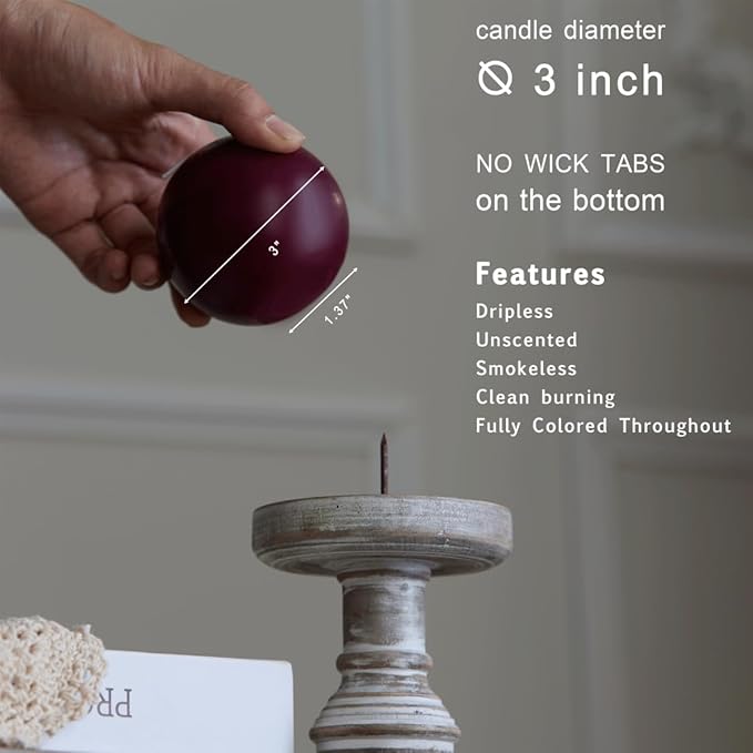 MOZEAL Hand-Poured, 3 Inch Burgundy Round Ball Candles - Elegant Burgundy Round Pillar Candles Set of 3, Dripless, Unscented, Smokeless, Ideal for Intimate Gatherings.