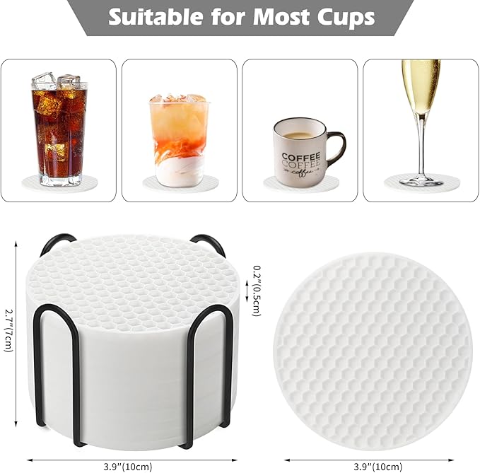 Silicone Coaster Set of 12 with Holder, Drinks Coasters, Beer & Coffee, Suitable for All Cups, Hot or Cold, Anti-Slip, Non-Stick, Anti-Overflow Tabletop Protection and Decor (12 Pcs, White)