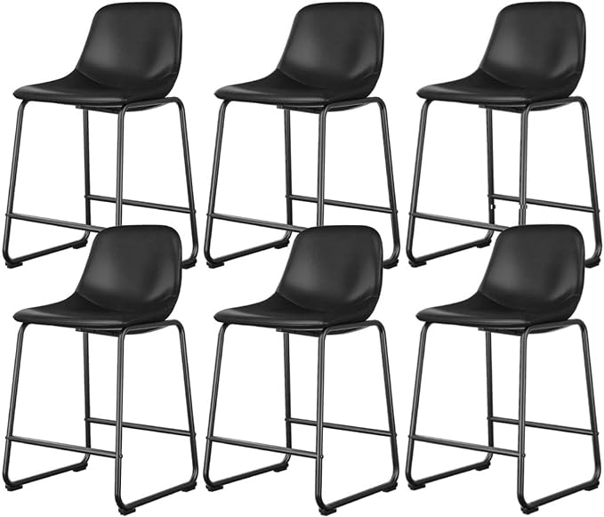 Rfiver Pu Faux Leather Bar Stools Set of 6, Industrial Pub Barstools with Back and Footrest, Modern Armless Bar Height Stool Chairs (Black, 24" Counter Chair x6)