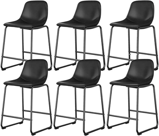 Rfiver Pu Faux Leather Bar Stools Set of 6, Industrial Pub Barstools with Back and Footrest, Modern Armless Bar Height Stool Chairs (Black, 24" Counter Chair x6)