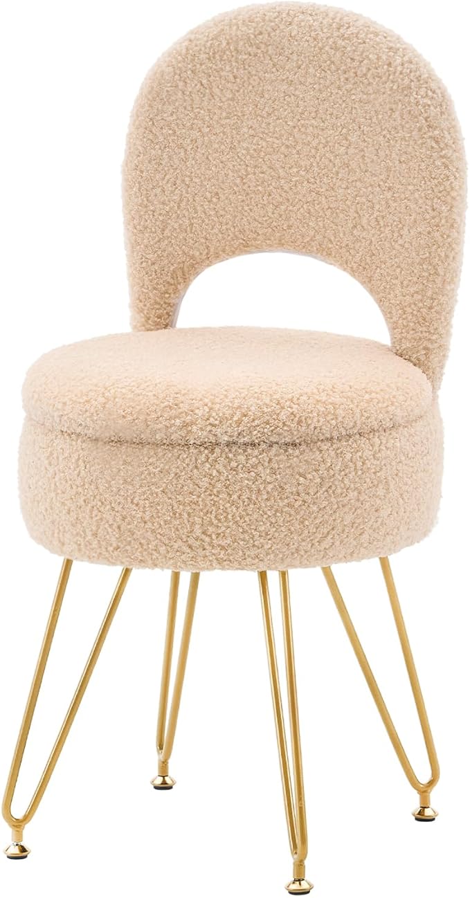 Storage Ottoman Vanity Stool Chair with Folding Back Teddy Velvet Makeup Chair Multifunctional Upholstered Footstool,4 Metal Legs with Anti-Slip Feet for Bedroom Living Room Entryway