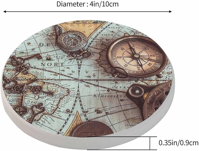 Antique Pirate Rare Items Cup Coasters for Table Retro Compass Vintage Skeleton Key World Map Adventure Reusable Drink Coasters Set 2 Pcs Coffee Home Farmhouse Living Room Bar Decor