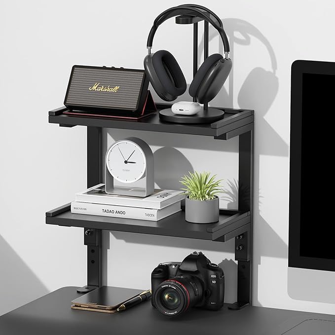 2-Tier Desk Shelf, Expandable Under Desk Storage, Clamp on Desk Shelf, Desktop Accessories for Offices, Study Rooms, and Game Rooms (Black)