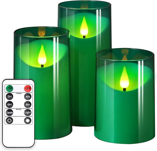 NURADA Flameless Candles: 3D Wick Battery Operated LED Pillar Acrylic Fake Candles with Remote and Timer for St. Patrick's Day Home Holiday Christmas Party Table Decor - 3 Pack Green