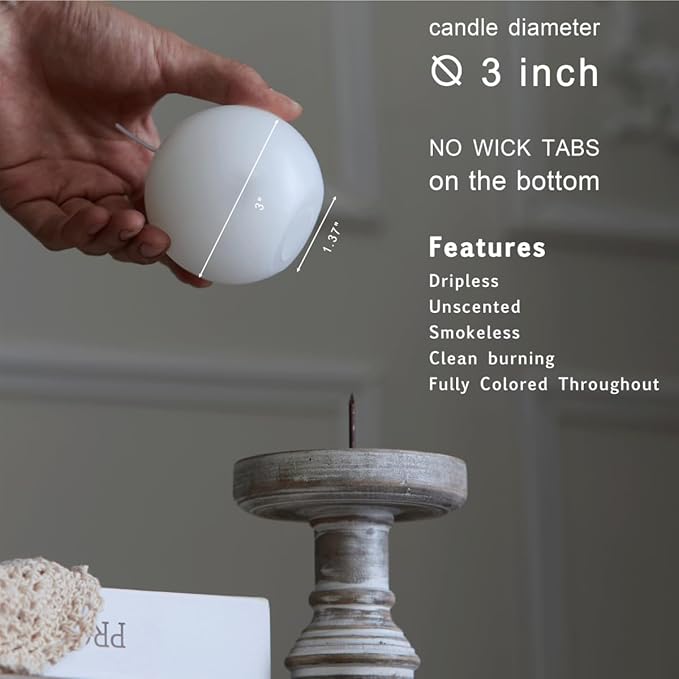 MOZEAL Hand-Poured, 3 Inch White Round Ball Candles - Elegant White Round Pillar Candles Set of 3, Dripless, Unscented, Smokeless, Ideal for All Occasions.