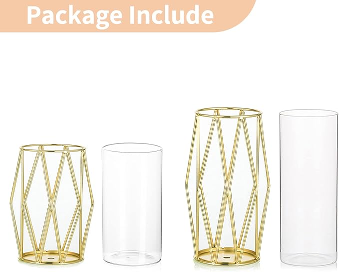 Nuptio Candle Holders for Pillar Candles - Geometric Candleholders Gold Flower Vase with Hurricane Cylinder Glass Dual Uses for Wedding Birthday Party Table Living Room Centerpieces