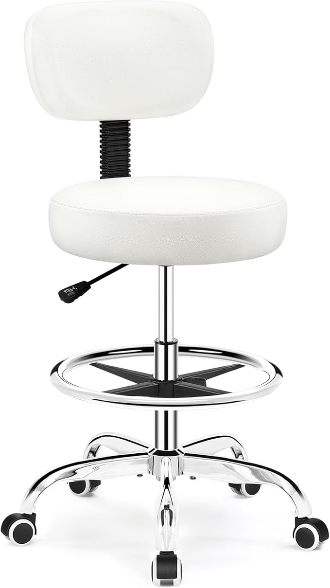 Drafting Chair with Backrest – Adjustable Foot Rest Rolling Stool with Wheels, PU Leather Swivel Stool for Office Spa Studio Lab Counter Salon Home Work Bar Kitchen Shop(White)