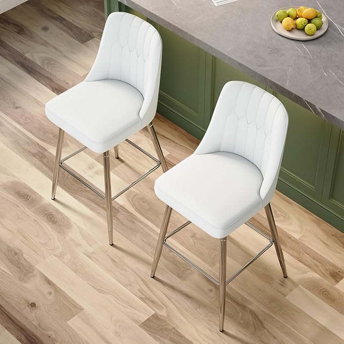 White Bar Stools Set of 2,27" Counter Height Bar Stools Set of 2,Faux Leather Counter Stools with Soft Padded Seat & Curved Backrest,Modern Kitchen Island Chairs for Dining Café