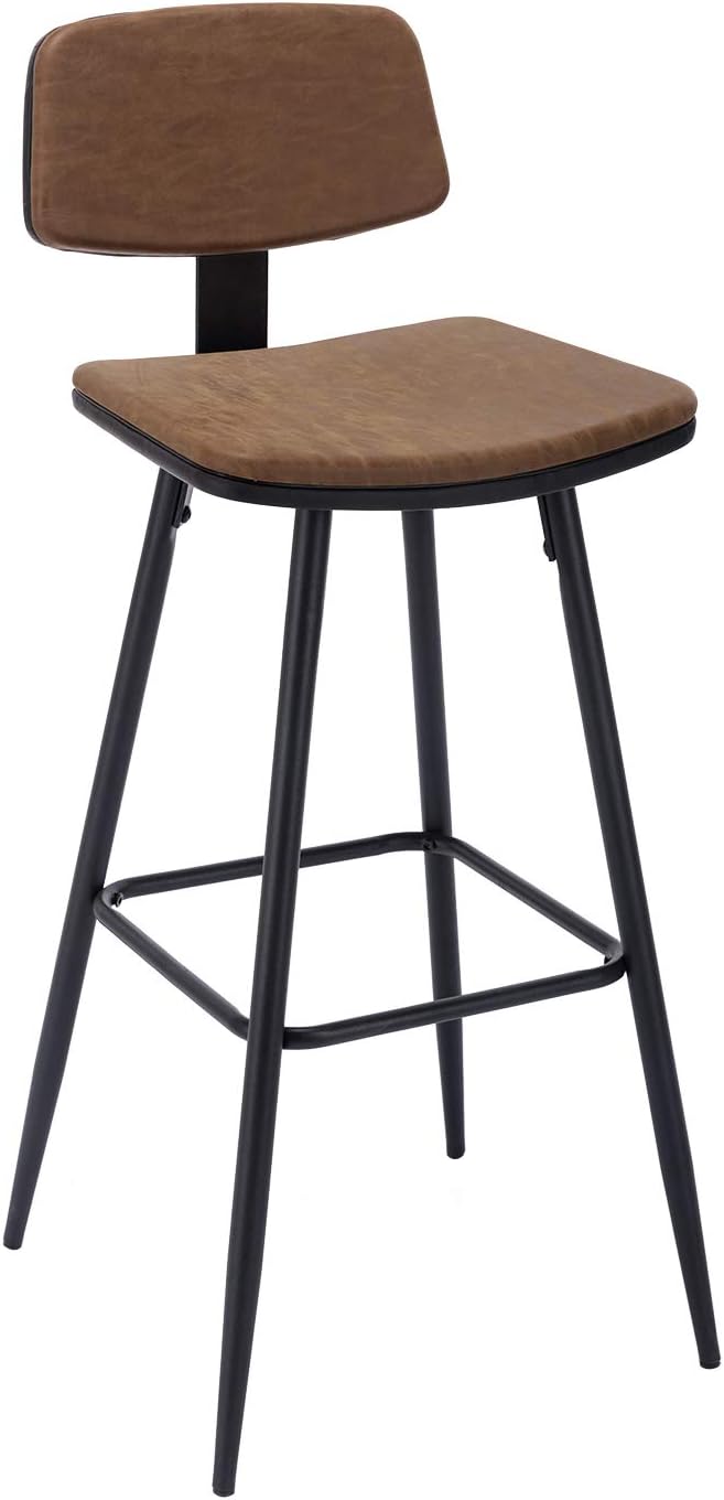 Bar Stools Set of 4, Bar Chairs w/PU Leather Seat and Backrest, Frosted Iron Frame, 29.33'' Seat Height Counter Stools, Simple Assembly, for Dining Room Kitchen Counter Bar, Brown
