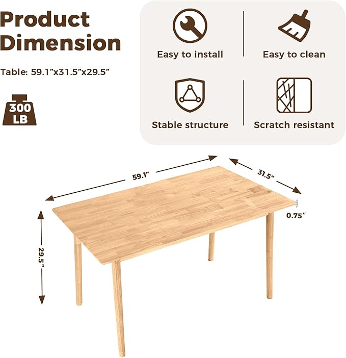 DELAVIN 59" Large Solid Wood Dining Table for 4-6 People, Mid Century Modern Oak Dining Room Table, Farmhouse Rectangular Kitchen Table for Dining Room, Living Room, Easy Assembly, Natural