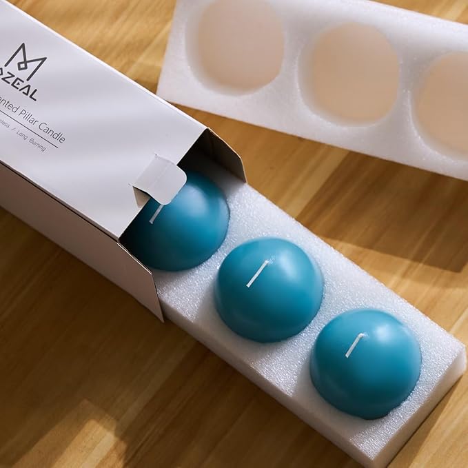 MOZEAL Hand-Poured, 3 Inch Turquoise Round Ball Candles - Elegant Teal Round Pillar Candles Set of 3, Dripless, Unscented, Smokeless, Ideal for Summer Parties.