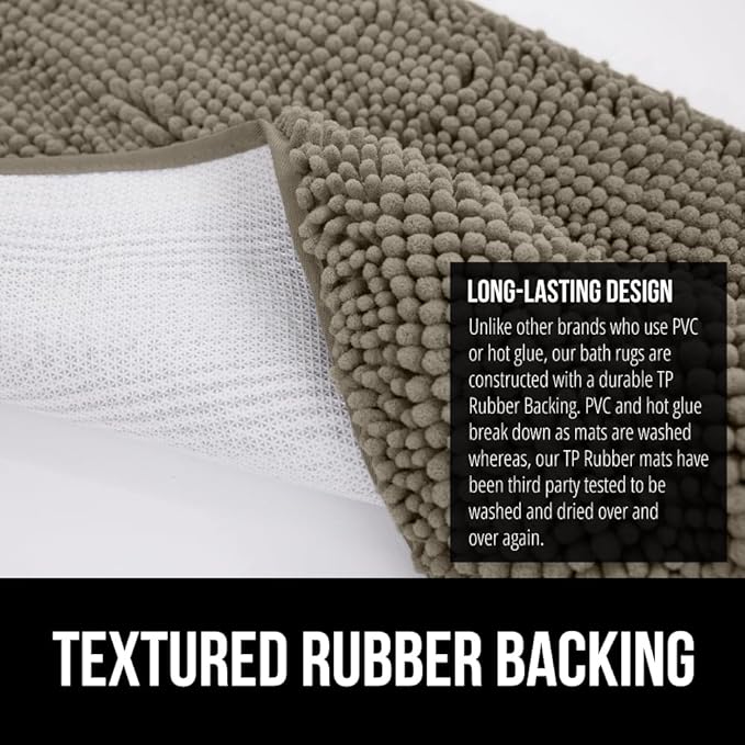 GORILLA GRIP Plush Absorbent Shaggy Chenille Bath Rug Mat for Square Toilet Base with Rubber Backing, Machine Washable Rugs, Soft Microfiber Contour Mats for Toilets, Bathroom Decor, Latte