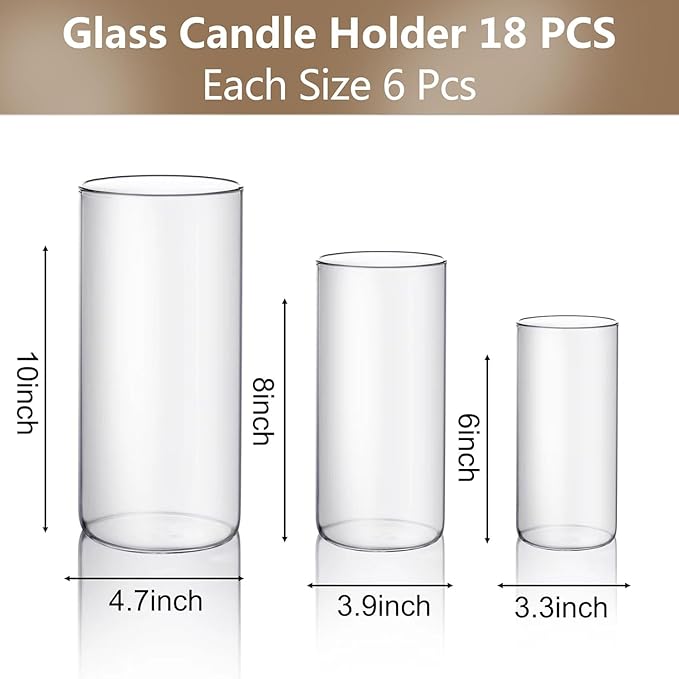 PHOSPHOR Hurricand Candle Holder 18 PCS, Glass Pillar Candle Holder, Clear Glass Cylinder Candleholder Glass Cylinder Vase for Centerpieces Wedding Party Decoration